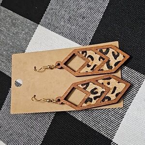 Handmade New Wooden Leopard Print Cut Out Dangle Earrings